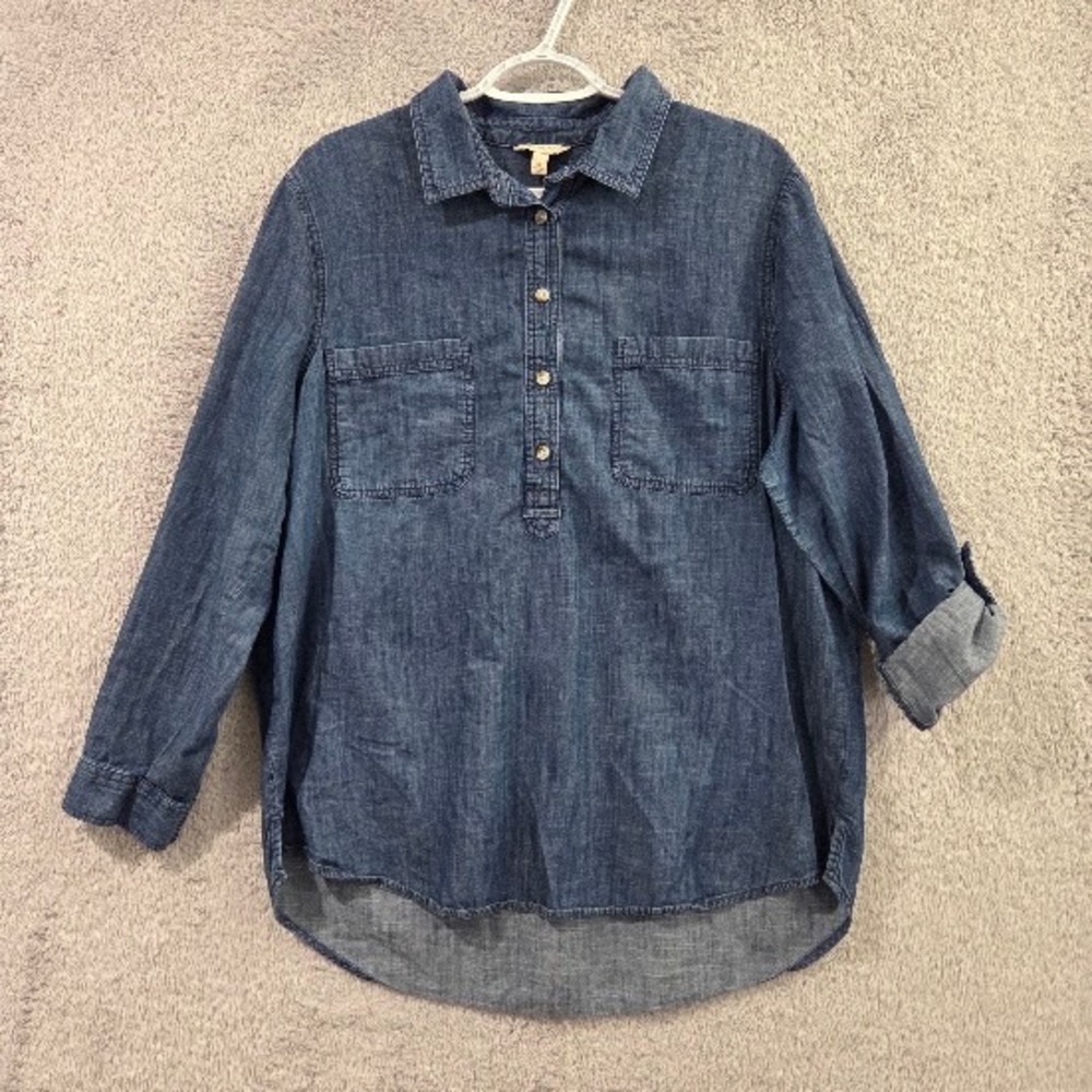 Sonoma Denim Tunic Womens XL Blue Roll Tab Sleeve Popover Cotton Layering Shirt